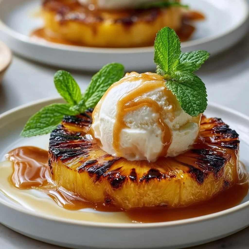 Ananas grigliato con zucchero di canna caramellato su un piatto