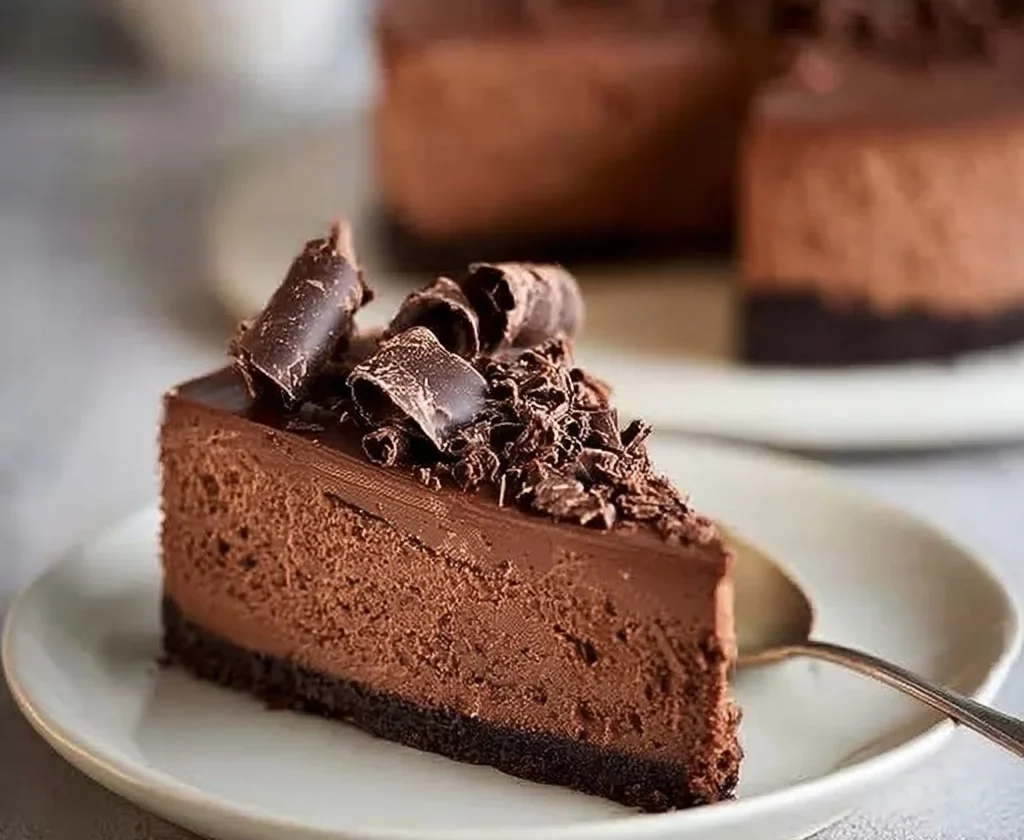 Cheesecake al cioccolato decorata con cioccolato fuso e frutta