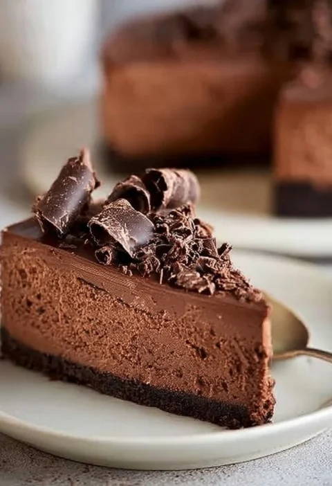 Cheesecake al cioccolato decorata con cioccolato fuso e frutta