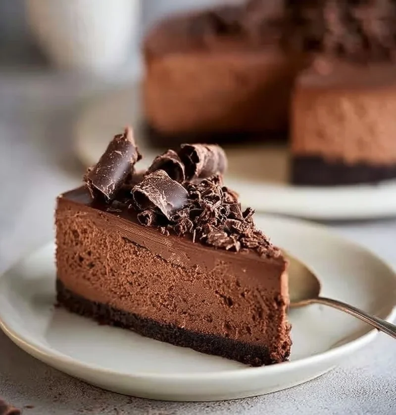 Cheesecake al cioccolato decorata con cioccolato fuso e frutta