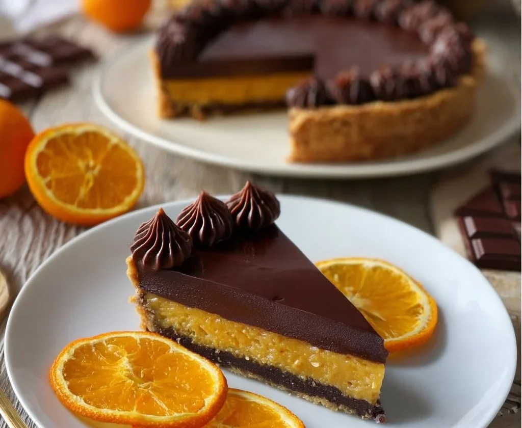 Crostata arancia e cioccolato, dolce goloso decorato con fette d'arancia.