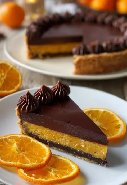 Crostata arancia e cioccolato, dolce goloso decorato con fette d'arancia.