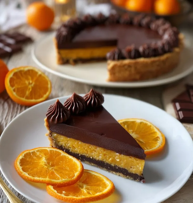 Crostata arancia e cioccolato, dolce goloso decorato con fette d'arancia.