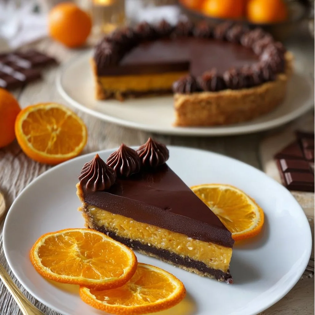 Crostata arancia e cioccolato, dolce goloso decorato con fette d'arancia.
