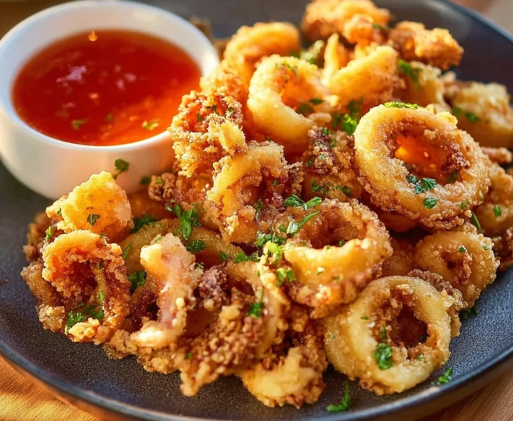 Fried calamari served with dipping sauce on a plate