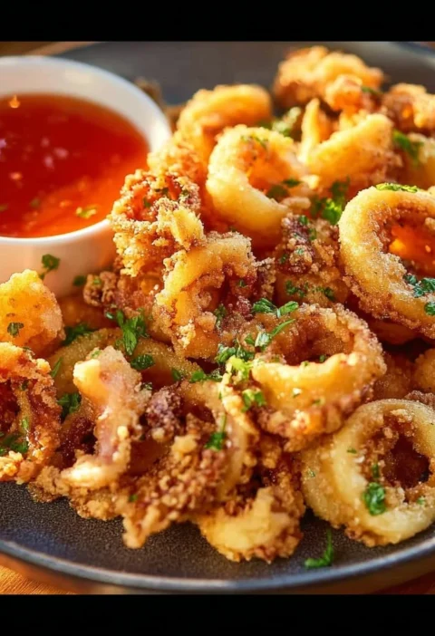 Fried calamari served with dipping sauce on a plate