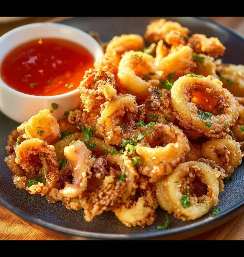 Fried calamari served with dipping sauce on a plate