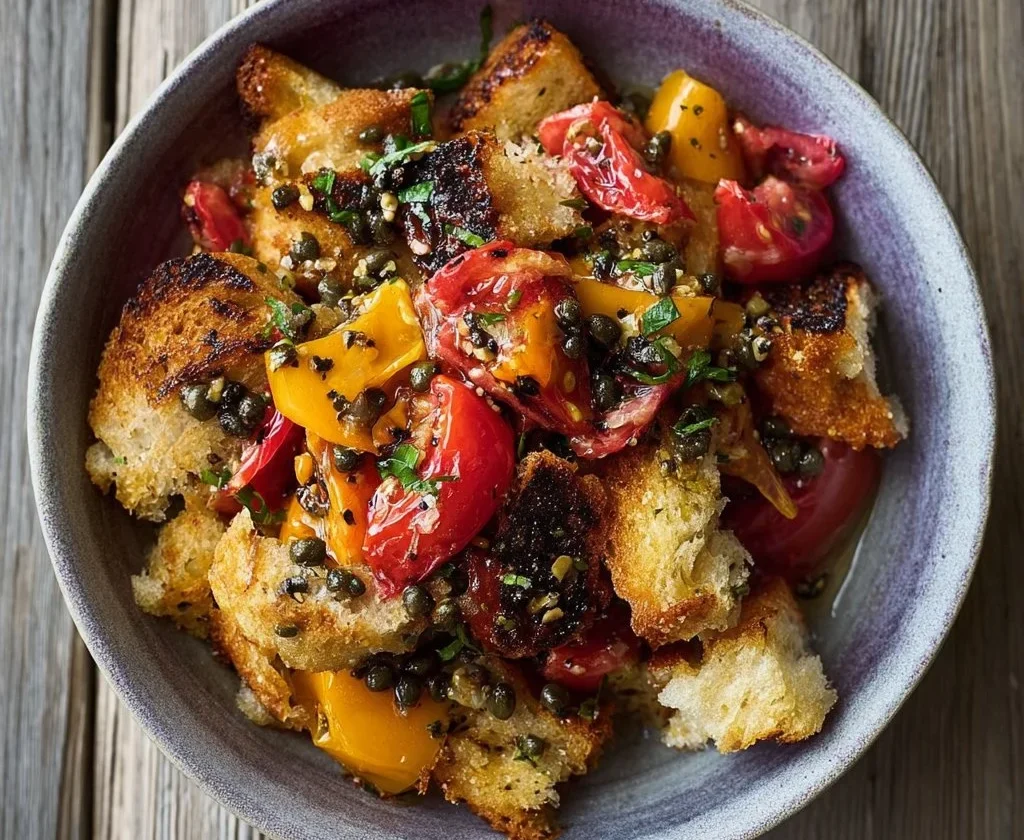 Piatto di Panzanella con capperi fritti e verdure fresche
