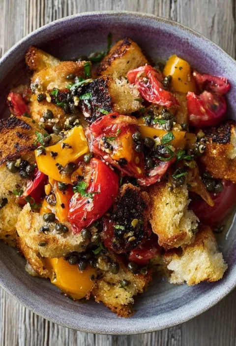 Piatto di Panzanella con capperi fritti e verdure fresche