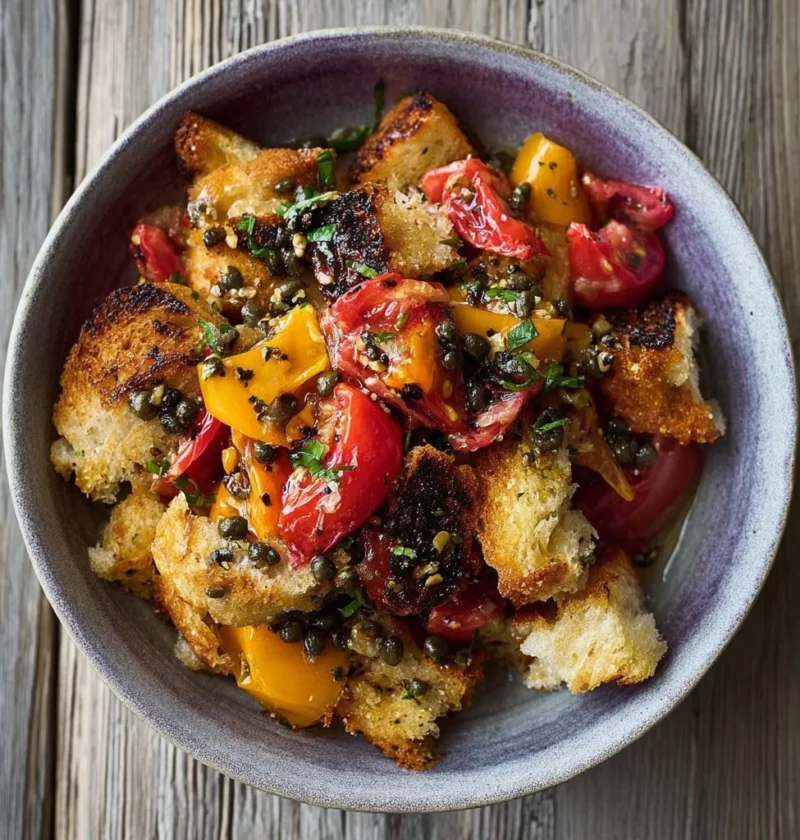 Piatto di Panzanella con capperi fritti e verdure fresche