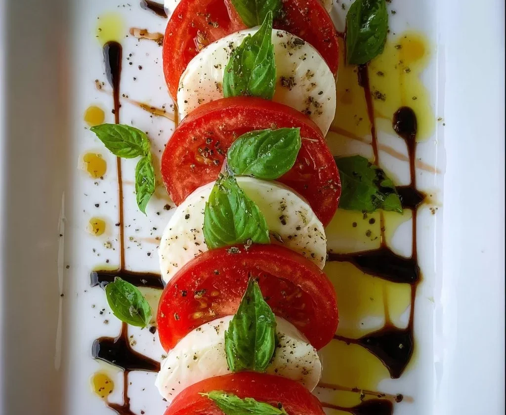 Insalata Caprese con mozzarella, pomodori freschi e basilico fresco