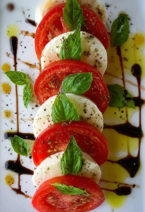 Insalata Caprese con mozzarella, pomodori freschi e basilico fresco