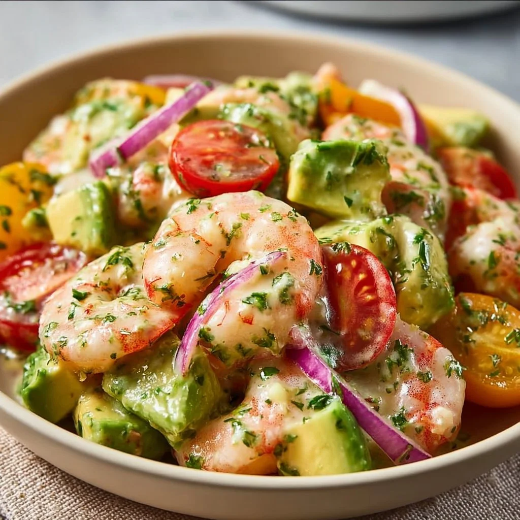 Insalata cremosa di gamberetti e avocado servita in un piatto elegante.