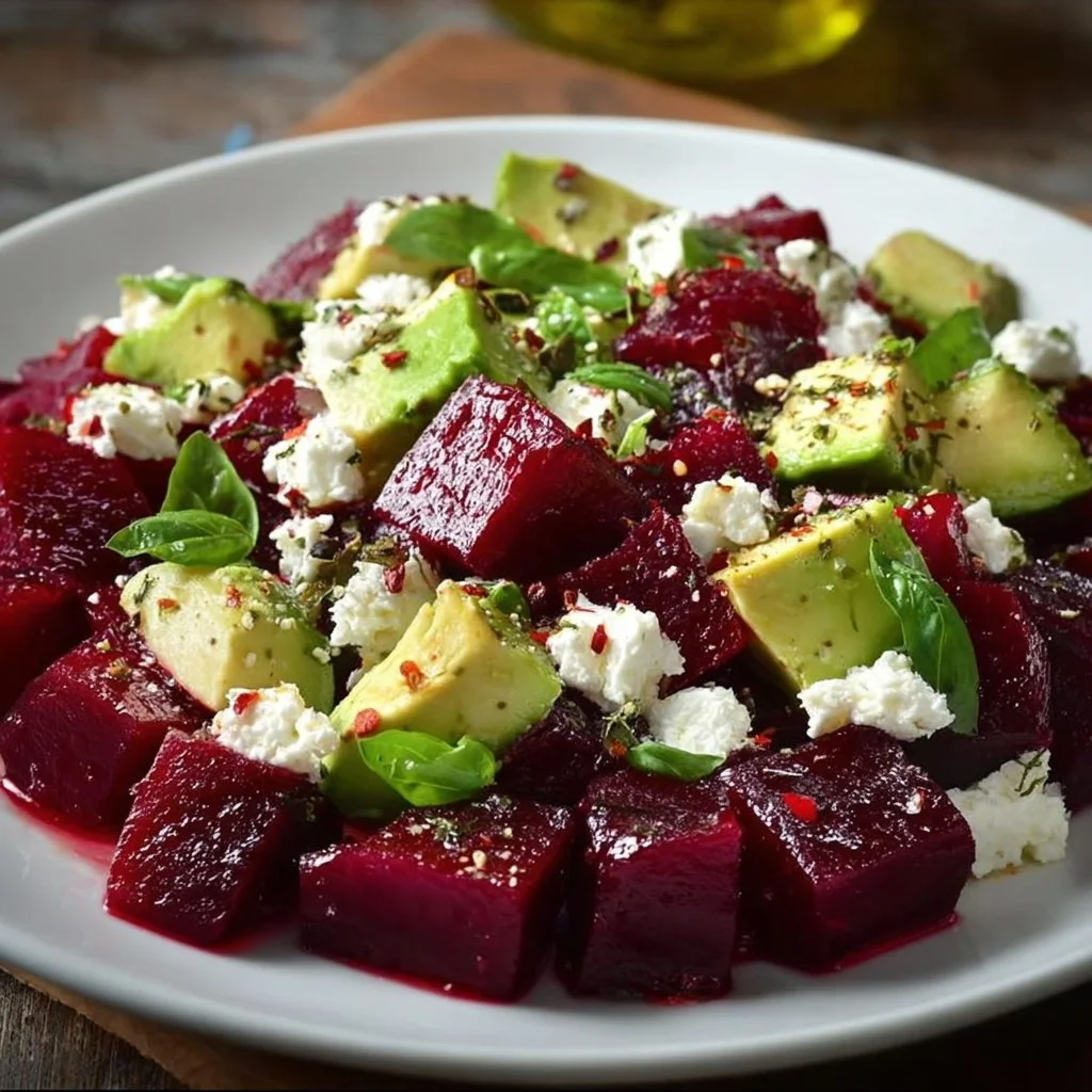 Insalata di barbabietole con avocado e feta, piatto vibrante e saporito