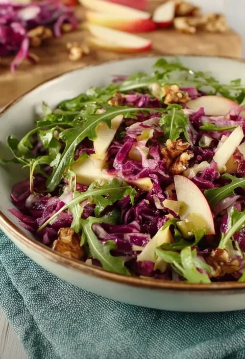 Insalata di cavolo rosso con rucola, mele e noci in un piatto colorato