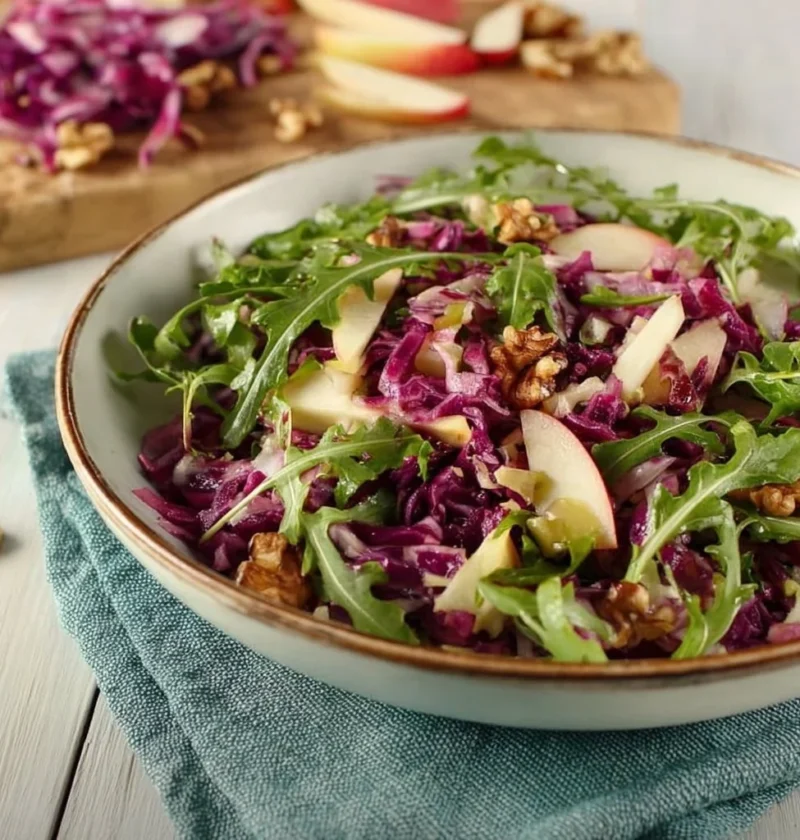Insalata di cavolo rosso con rucola, mele e noci in un piatto colorato