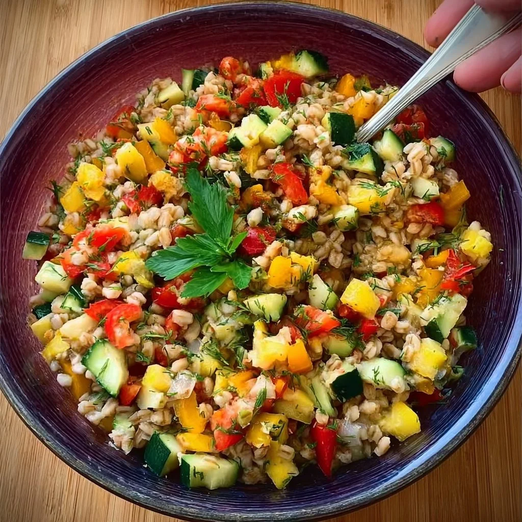 Insalata di farro con verdure colorate e ingredienti freschi