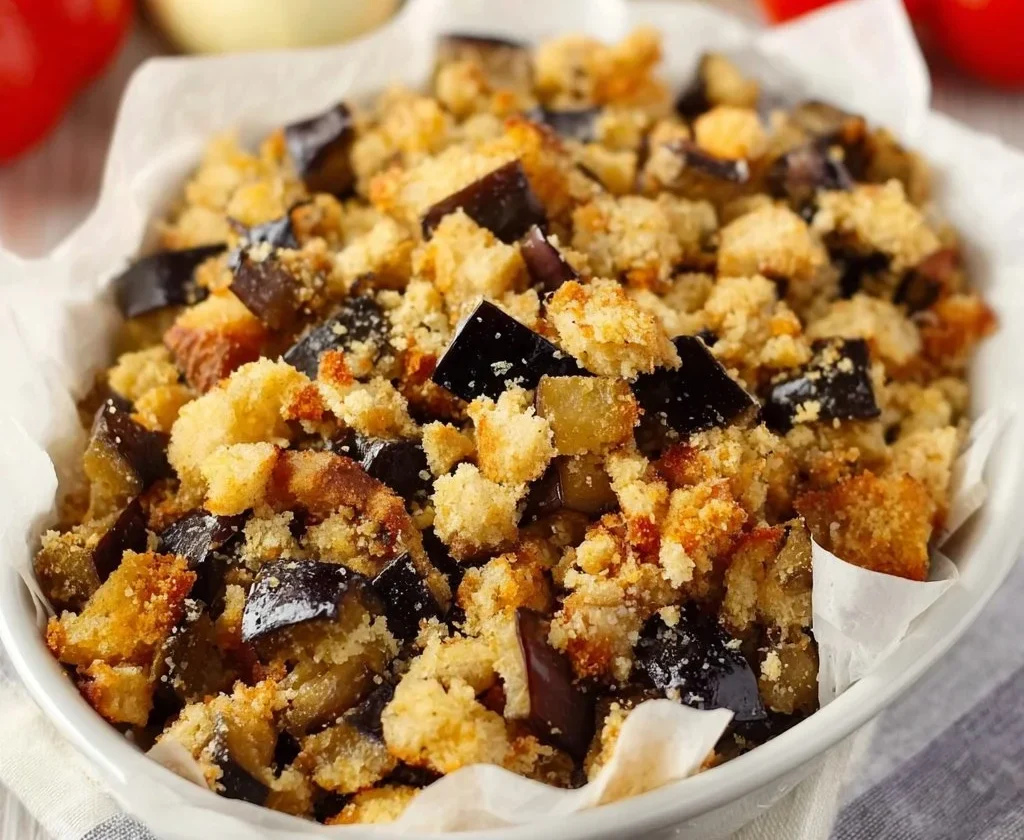 Melanzane gratinate al forno con formaggio fuso e spezie aromatiche.
