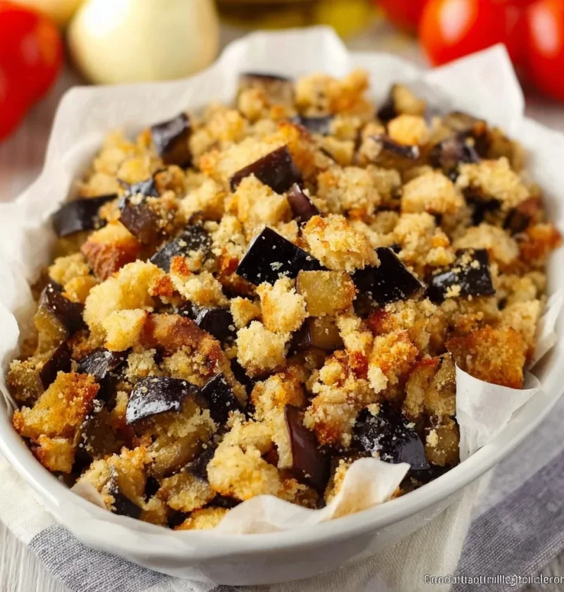 Melanzane gratinate al forno con formaggio fuso e spezie aromatiche.