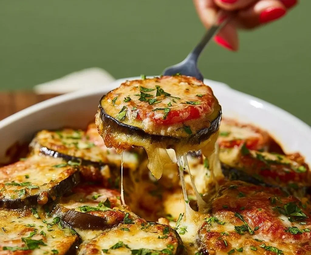 Melanzane al forno con pomodori freschi e provola, piatto tradizionale italiano.