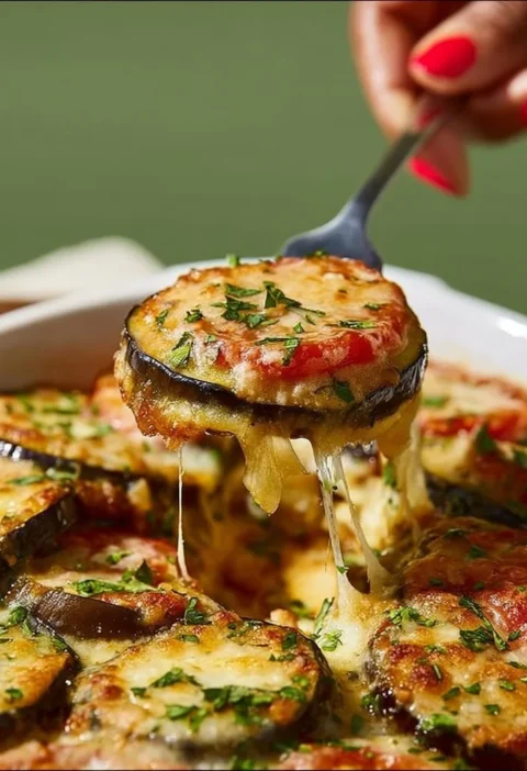 Melanzane al forno con pomodori freschi e provola, piatto tradizionale italiano.
