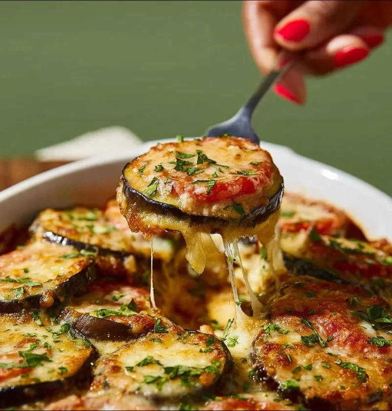 Melanzane al forno con pomodori freschi e provola, piatto tradizionale italiano.