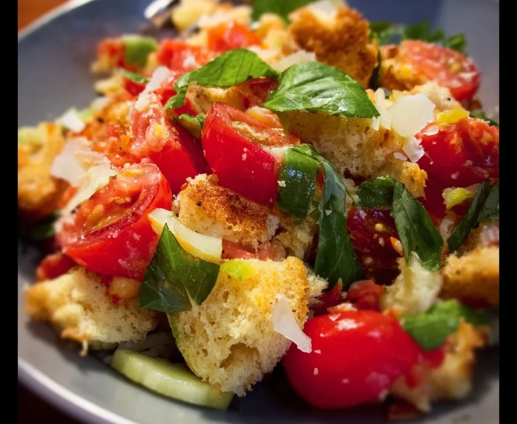 Piatto di Panzanella Toscana con pomodori, pane e basilico fresco.