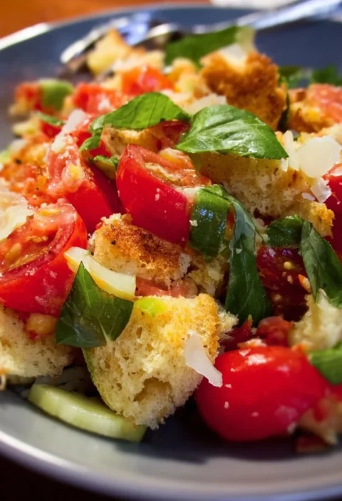 Piatto di Panzanella Toscana con pomodori, pane e basilico fresco.