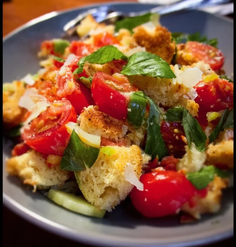 Piatto di Panzanella Toscana con pomodori, pane e basilico fresco.