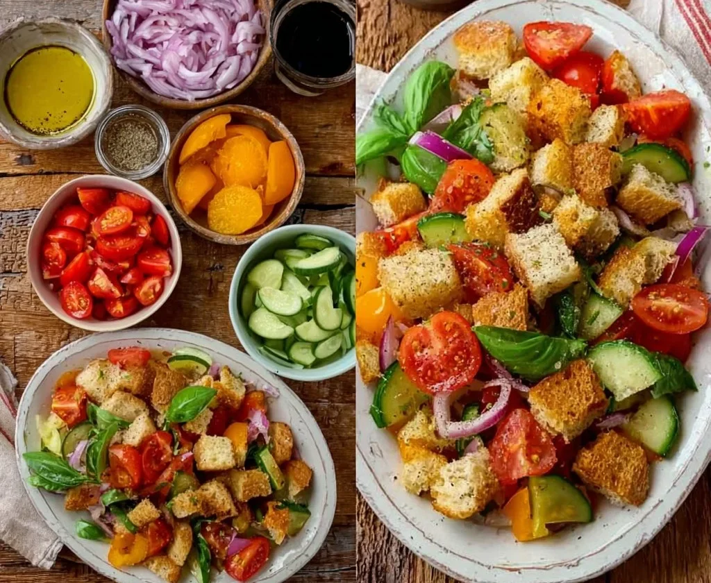 Panzanella Toscana con pane, pomodori e verdure fresche