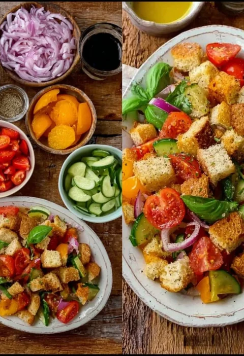 Panzanella Toscana con pane, pomodori e verdure fresche