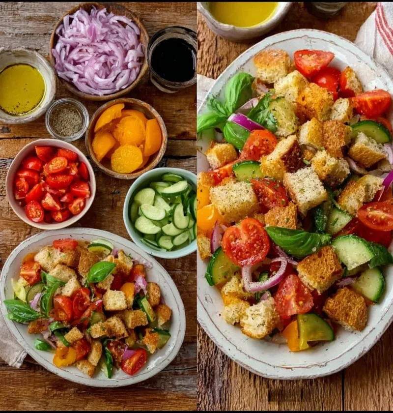 Panzanella Toscana con pane, pomodori e verdure fresche