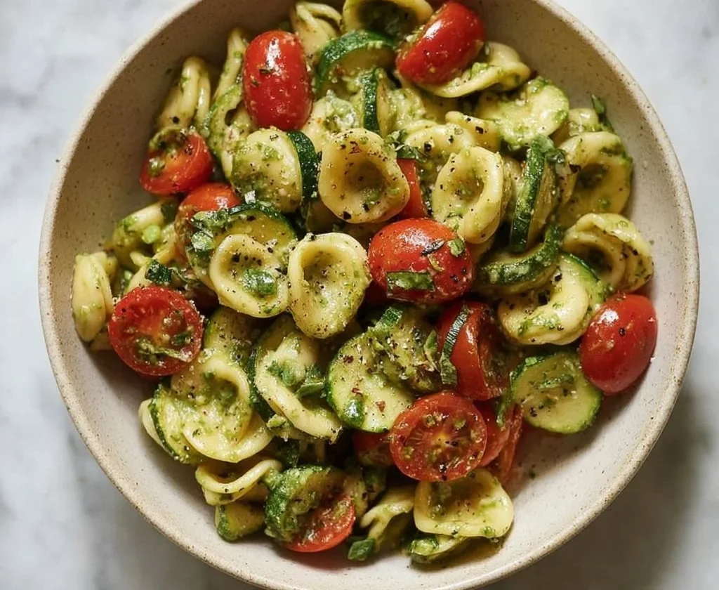 Pasta fredda con pesto di basilico ricca di gusto pronta da servire