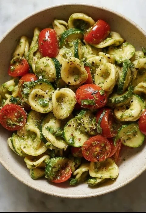 Pasta fredda con pesto di basilico ricca di gusto pronta da servire