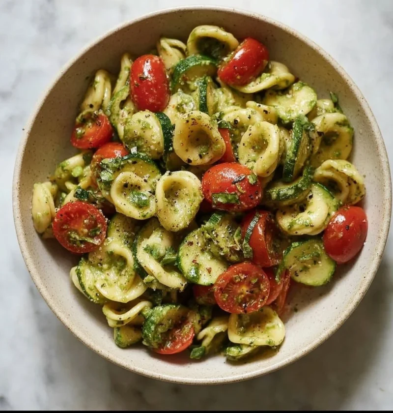 Pasta fredda con pesto di basilico ricca di gusto pronta da servire