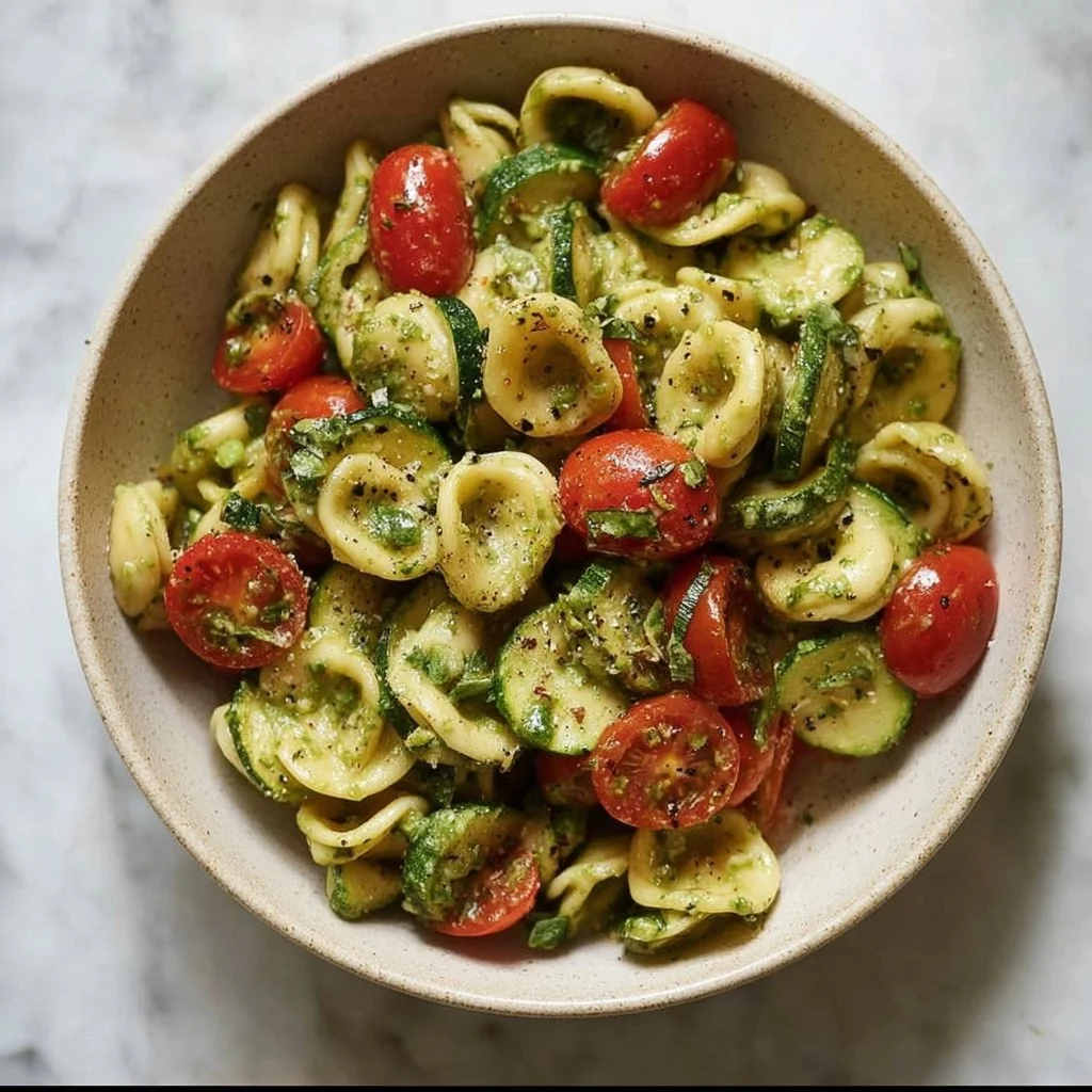 Pasta fredda con pesto di basilico ricca di gusto