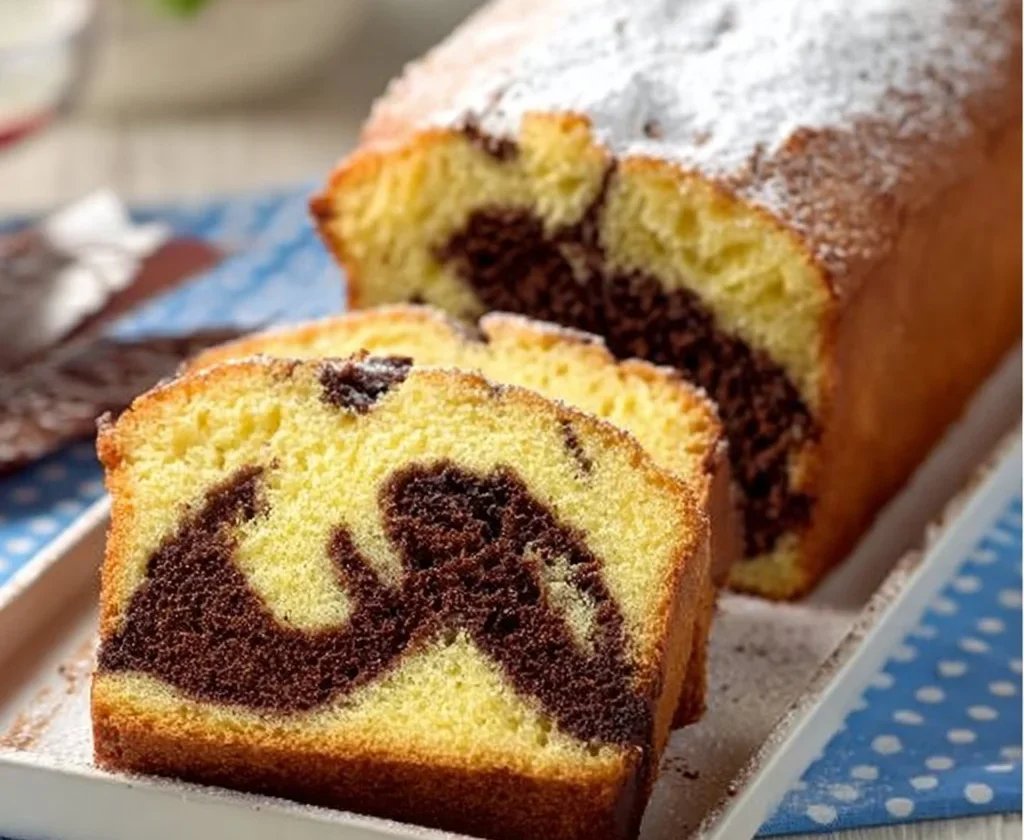 Plumcake bicolore panna e cioccolato appena sfornato su un piatto.