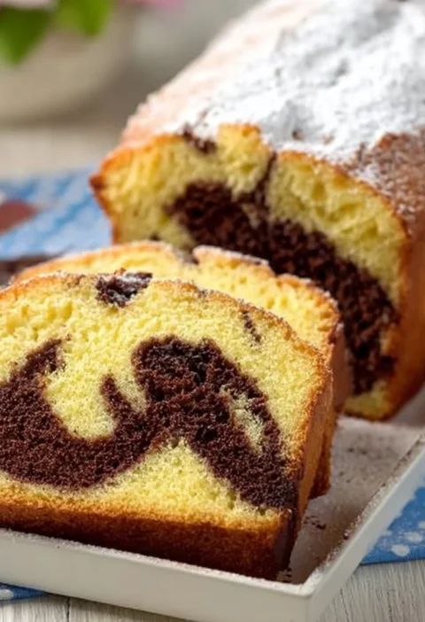 Plumcake bicolore panna e cioccolato appena sfornato su un piatto.