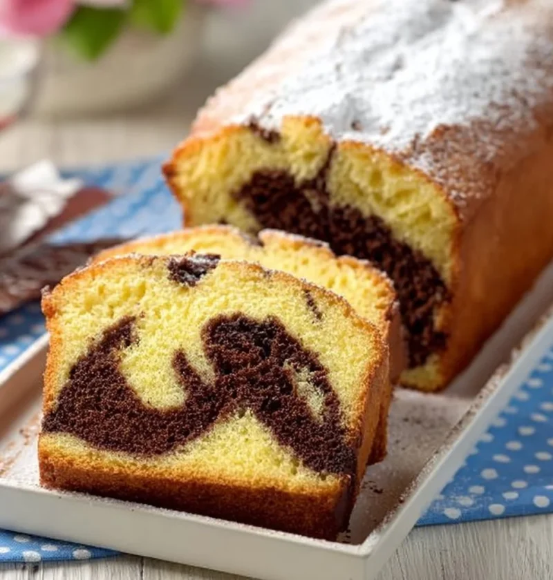 Plumcake bicolore panna e cioccolato appena sfornato su un piatto.