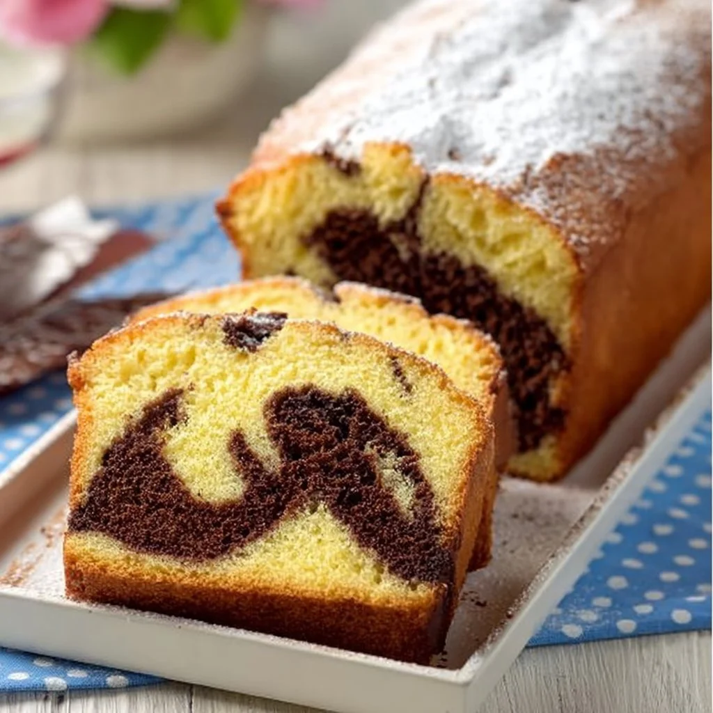 Plumcake bicolore panna e cioccolato appena sfornato su un piatto.
