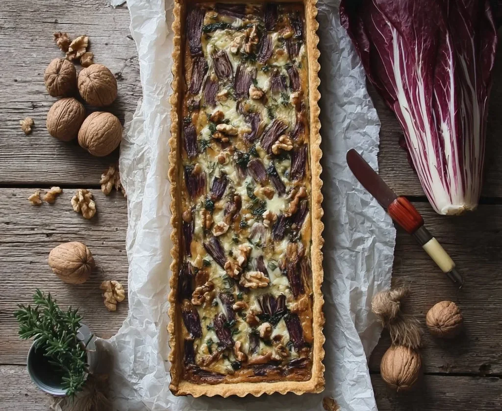 Quiche di farro con noci, radicchio, olive e crescenza - ricetta vegan gourmet