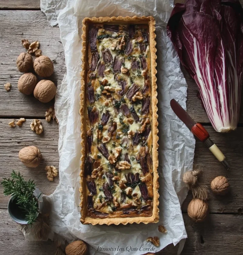 Quiche di farro con noci, radicchio, olive e crescenza - ricetta vegan gourmet