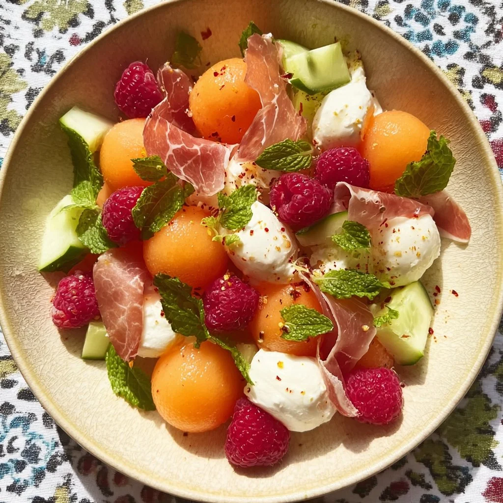 Salade fraîcheur au melon, framboises, concombre, jambon cru et mozzarella 🌿