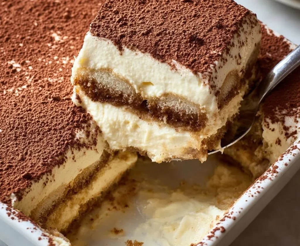 Torta tiramisu tradizionale con crema e cacao