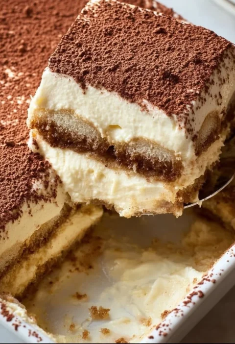 Torta tiramisu tradizionale con crema e cacao