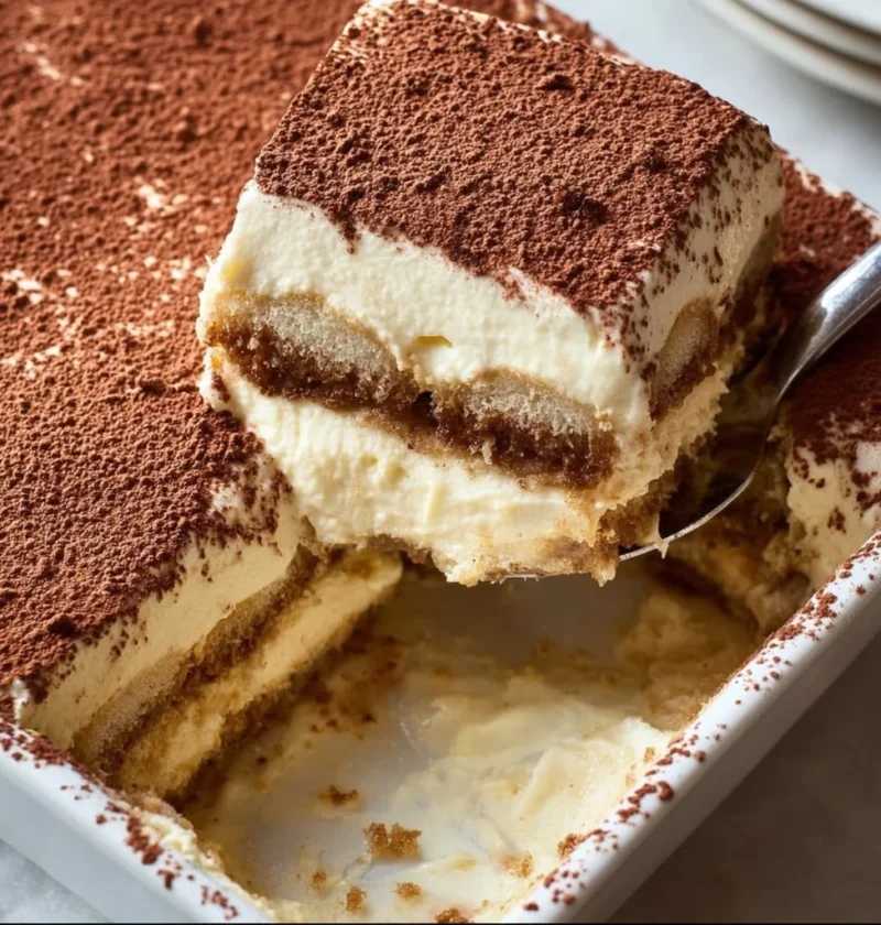 Torta tiramisu tradizionale con crema e cacao