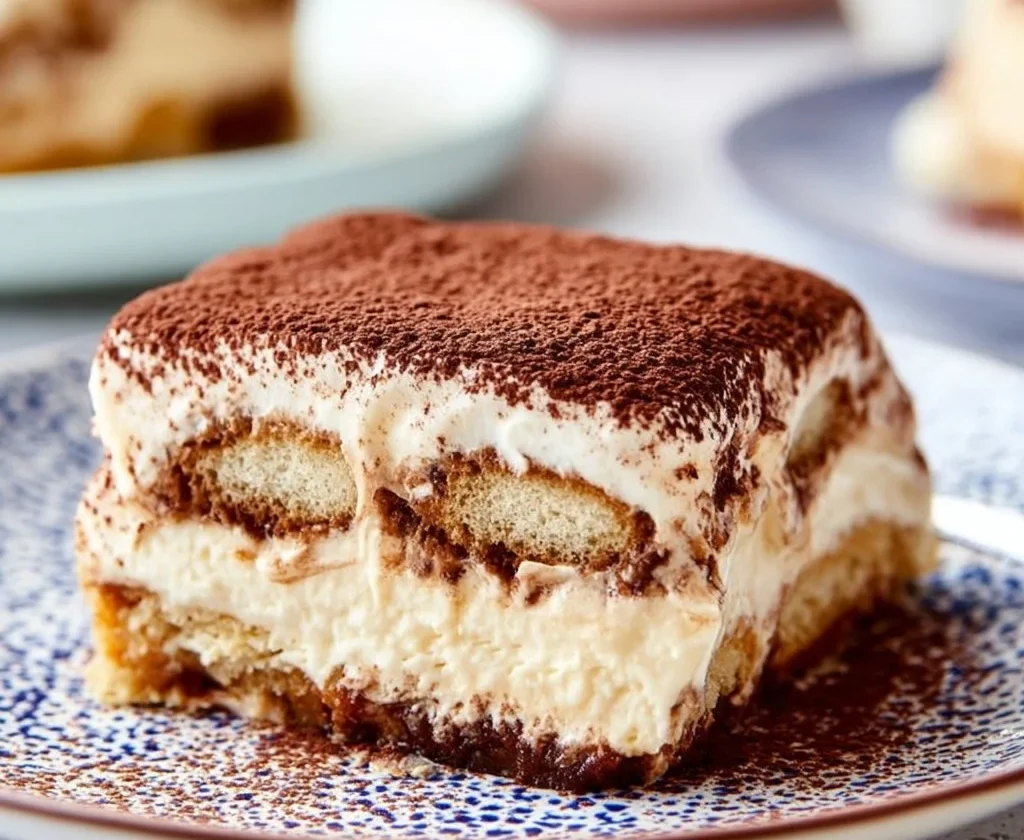 Delizioso Tiramisù con strati di crema e caffè servito in un piatto.