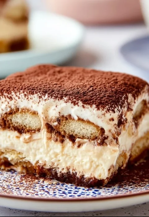 Delizioso Tiramisù con strati di crema e caffè servito in un piatto.