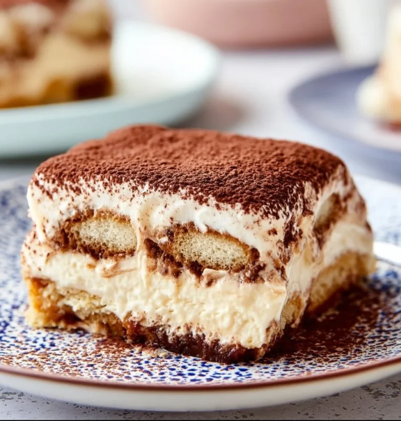 Delizioso Tiramisù con strati di crema e caffè servito in un piatto.