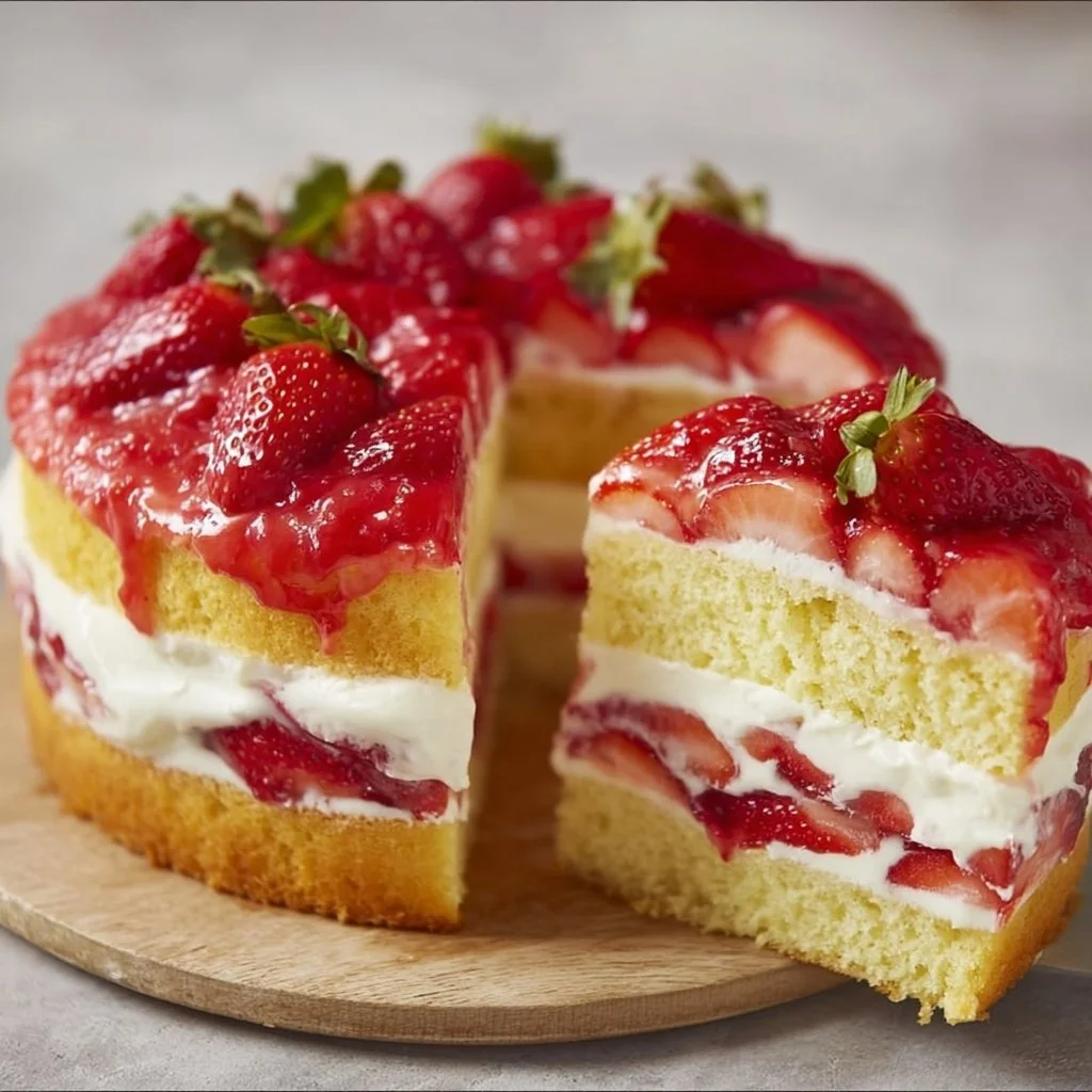 Torta di fragole fresca e soffice decorata con fragole e panna